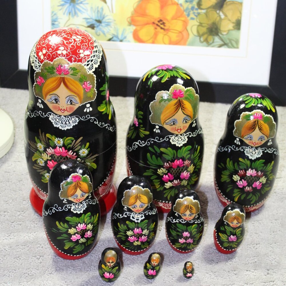 Set of 10 Beautiful Russian Matryoshka 9" Nesting Dolls Hand Painted Signed MINT